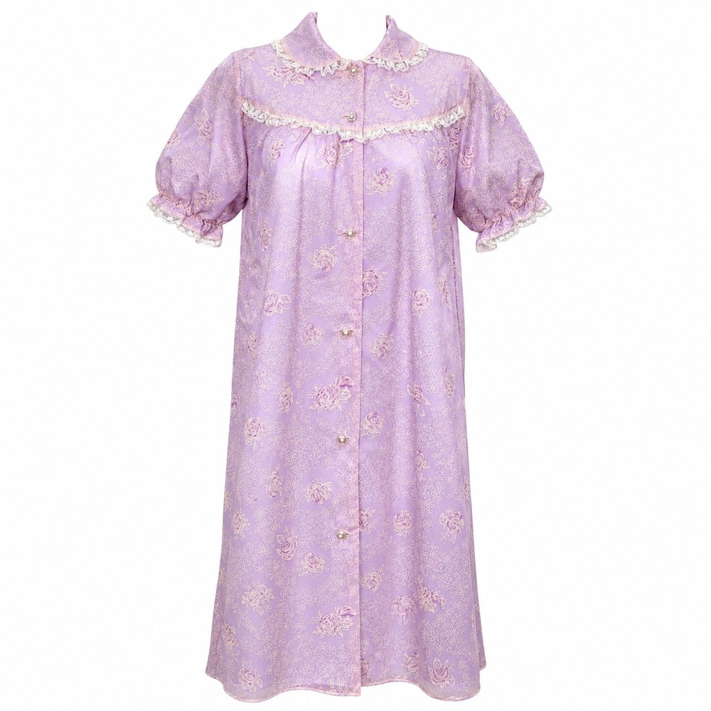 Vintage 1950s Lavender Floral Nylon Robe‎ Lace Trim Button Front Housecoat 18
